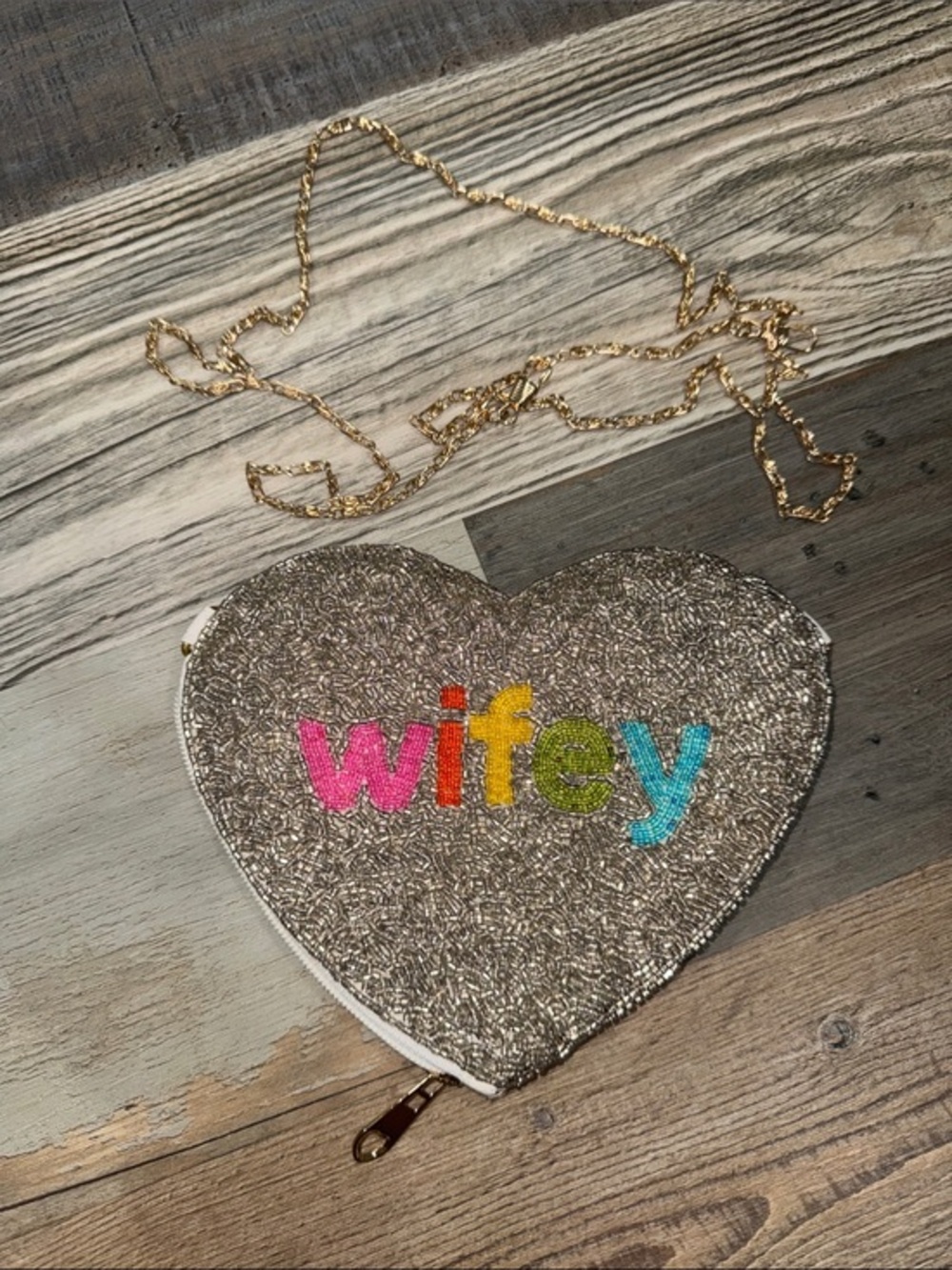 Gold Heart 'Wifey' Sequin Crossbody Clutch with Rainbow Lettering